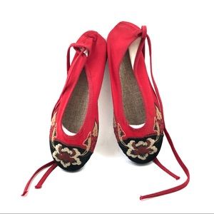 Red and Black Embroidered China Flats